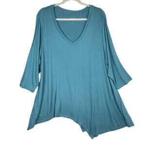 LOGO Lori Goldstein 2X Teal Blue V-Neck 3/4 Sleeve Tunic Top Asym Hem Pockets